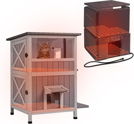 GUTINNEEN Heated Outdoor Cat House with Insulated Liner for Winter Insulated Feral Cat Shelter Waterproof Grade for Outdoor and Indoor Use,2-Story