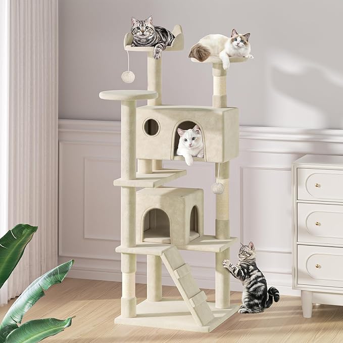 MoNiBloom Cat Tree, 70 Inch Cat Tree Tower with 2 Condo, Tall Cat Tower with Scratching Post, Cat Climbing Tower, Cat Tree for Indoor Cats, Beige