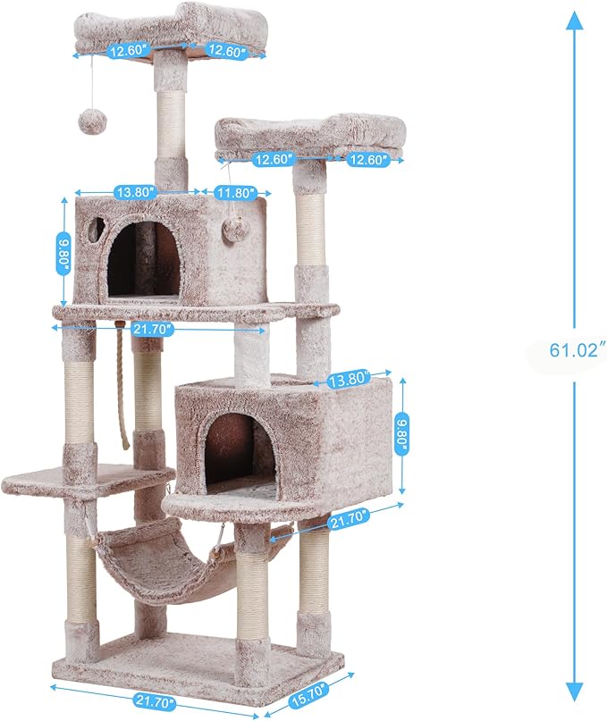 Hey-brother Large Multi-Level Cat Tree Condo Furniture with Sisal-Covered Scratching Posts, 2 Bigger Plush Condos, Perch Hammock for Kittens, Cats and Pets, Muchroom MPJ020MU