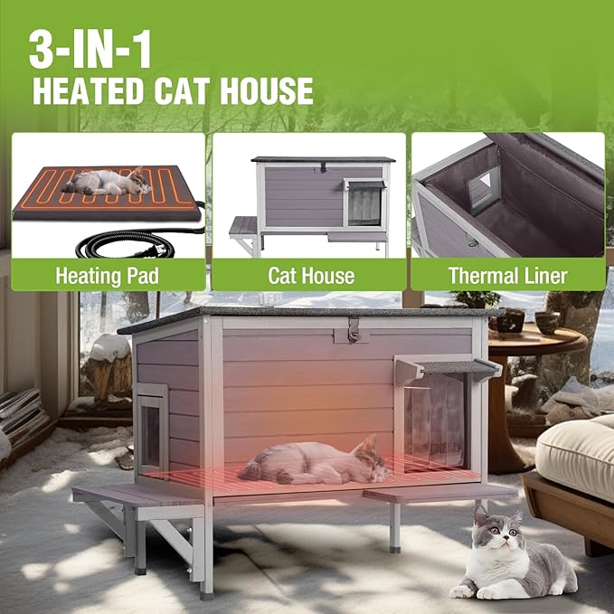 GUTINNEEN Heated Cat House for Outside Insulated Cat House Outdoor Weatherproof Feral Cat Shelter with Heated Pad, All-Round Thermal Liner, Secure Escape Doors for Cats (Winter-Ready)