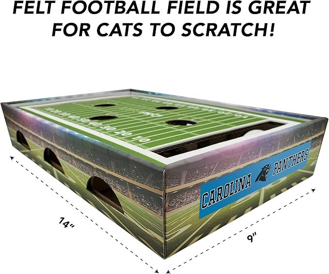NFL Carolina Panthers Football Stadium Cat Scratcher Find & Play Box With 2 Jingle Bell Balls - Game Day Toy, Field Felt Scratcher, Play and Lounge Stimulating Game