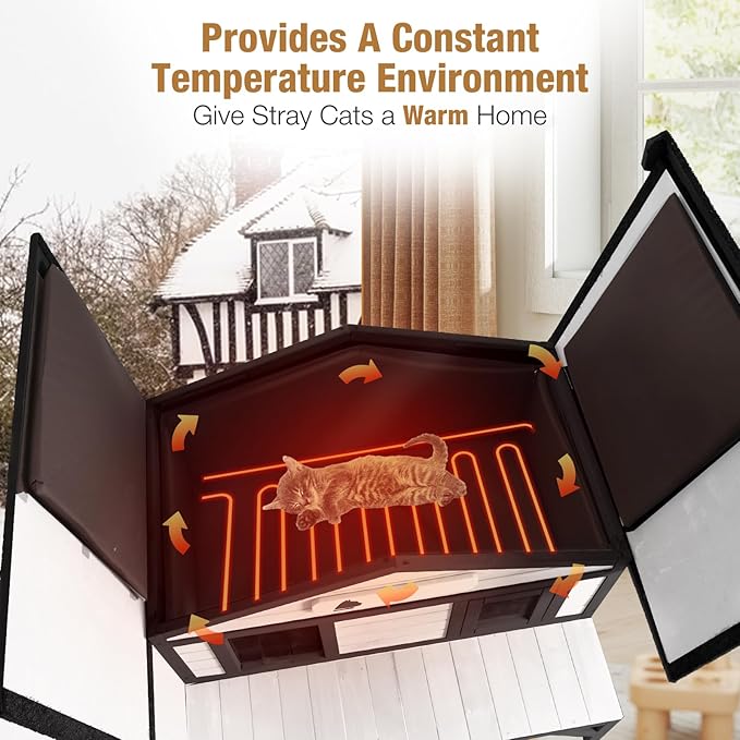 Heated Outdoor Cat House - Heavy-Duty Triple-Layer Weatherproof Shelter with Thermal Liner, Openable Roof & Escape Doors for Winter(92-Black)