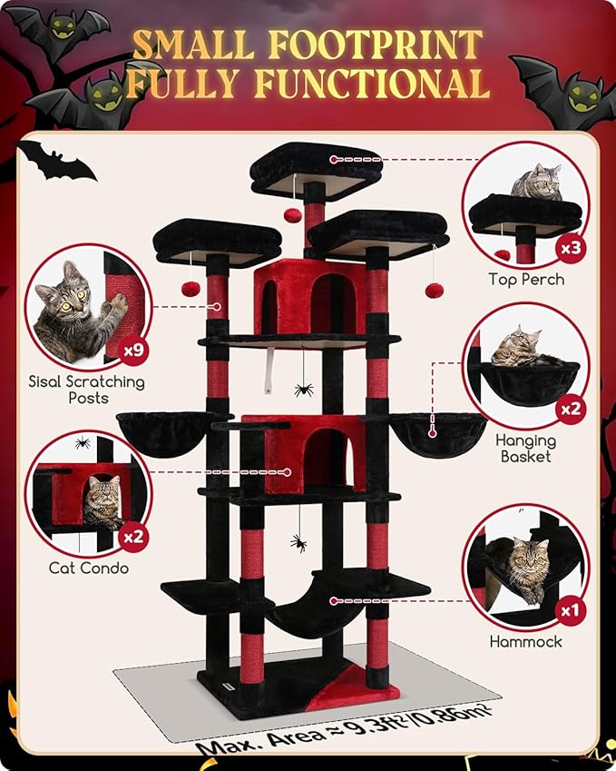 Globlazer Gothic Cat Tree, 80inch Goth Cat Tower for Indoor Cats Multiple Adult Cats XXL Cat Tree Large Cat Tower with Scratching Post, Hammock, 3 Perches, 2 Condos, 2 Hanging Basket, F80, Black Red