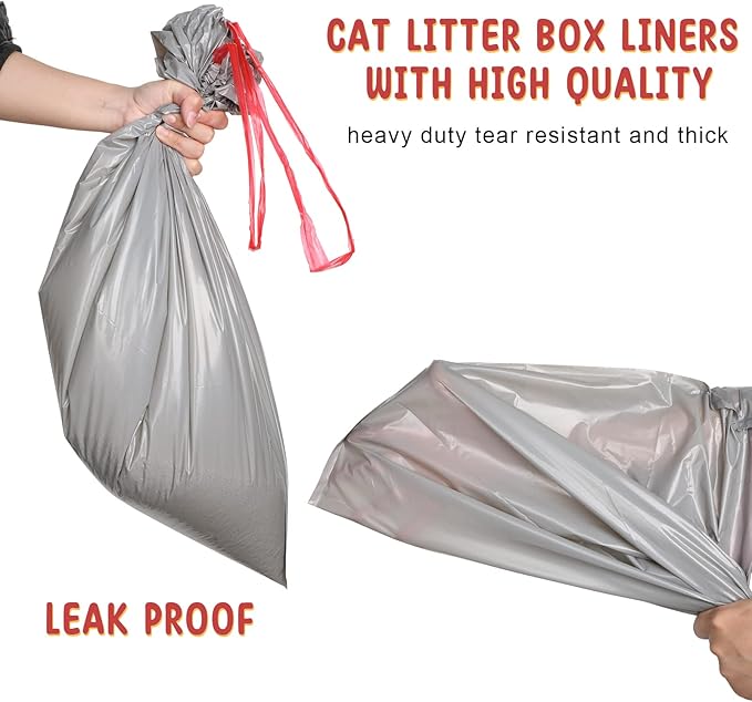 Tinlade 50 Count Jumbo Cat Litter Box Liners Large Drawstring Cat Litter Liners Bags Unscented Tear Resistant for Trash Waste to Keep Your Home Clean(39 x 22 Inch,Gray, Red)