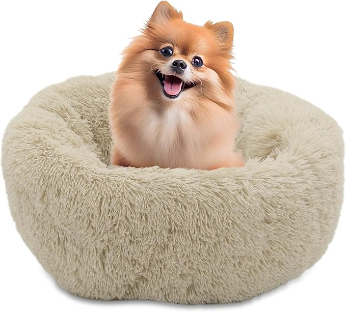 Athena Collection Washable Small Dog Bed, Cat Bed for Indoor Cats, 24 Inches Fluffy Faux Fur Round Pet Bed Calming Cozy Soft Warming Donut for Small Dog Puppy Kitten, Beige
