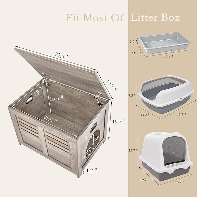 DINZI LVJ Litter Box Enclosure, Flip Top Litter Box Furniture, Good Ventilation, Hidden Cat Washroom, 27.6" L x 19.7" W x 19.7" H, Entrance Can Be on Left/Right, Wooden Cat House, Greige