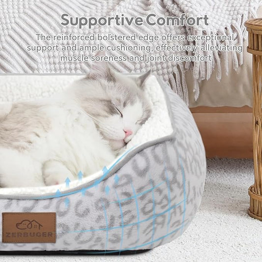 Rectangle Cat Dog Bed for Large Medium Small Pets Indoor Outdoor Machine Washable Sleeping Sofa Non-Slip Bottom Soft Puppy Bed Durable Orthopedic Calming Pet Cuddler (Medium, White Leopard)