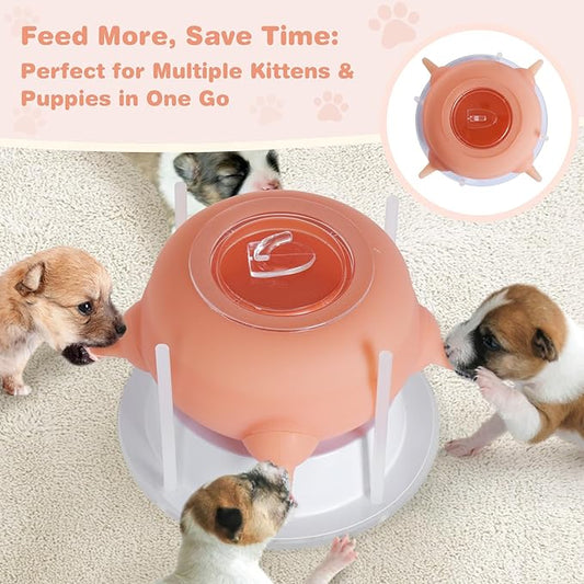 Nursing Nipple Puppy Feeders for Multiple Puppies, 200ml Food-Grade Silicone with 4 Adjustable Detachable Nipples, Smooth Flow Nipple for Kitten Bottle Feeding Kit(Pink)