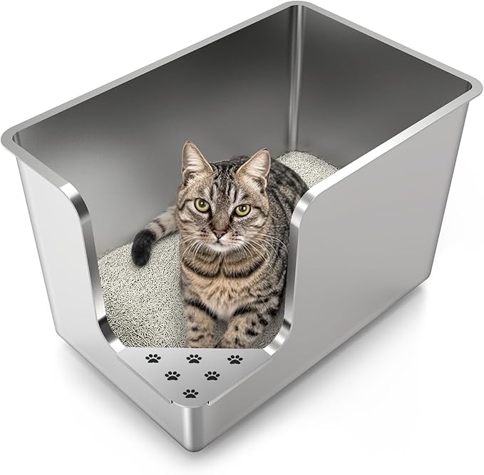 Stainless Steel Litter Box 14.5" High-Side, XL Metal Cat Litter Box, Corner Opening Entry Pet Toilet, Cat Litter Pan with Wheels, Easy to Move, Non-Stick, No Odor, for Big or Multiple Cats