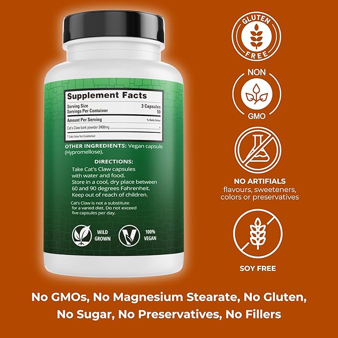 Peruvian Naturals Cat's Claw Herbal Supplement 150 Capsules - Uña de Gato 2400mg of Vegan, 100% Natural Cats Claw Bark Grown in Peru, Non-GMO, Uncaria Tomentosa UNA de Gato