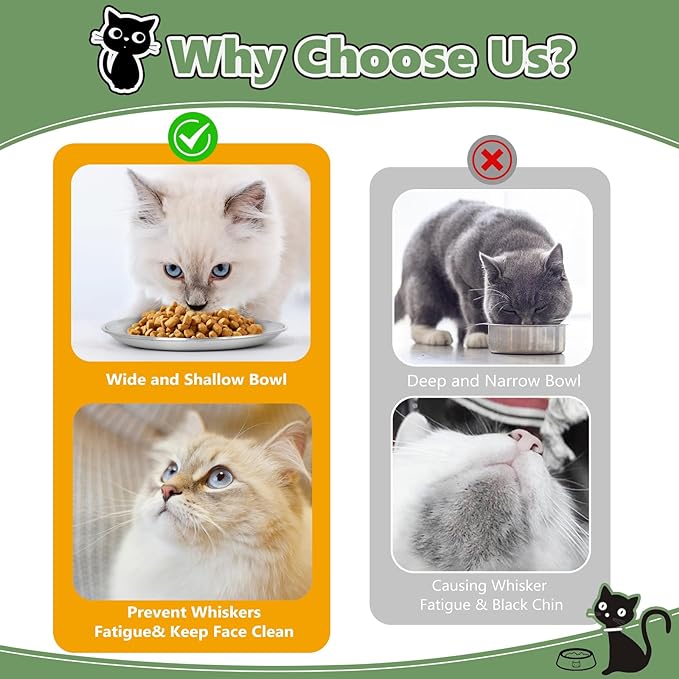 2-Pack Stainless Steel Cat Food Bowls – Shallow Whisker-Friendly Non-Slip Silicone Base,Easy to Clean Indoor Feeding Dishes(6.7")