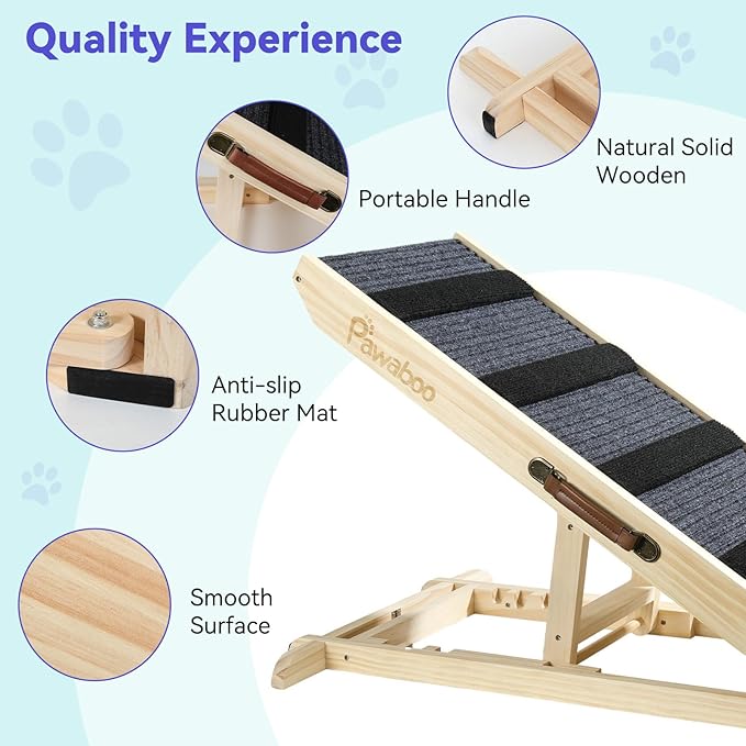 Large Dog Ramp for Bed Couch, Extra Wide Portable Wooden Pet Ramp, 4 Adjustable Height from 11.6'' to 22.4'', Pet Step for Small Medium Dog Cat with Non-Slip Mat, Up to 143lbs, Use for Car Couch Bed