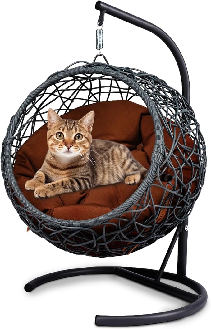 Cat Swing Bed with Stand & Cushion - Rattan Wicker Design, Indoor/Outdoor Hanging Hammock for Cats and Small Pets, Brown