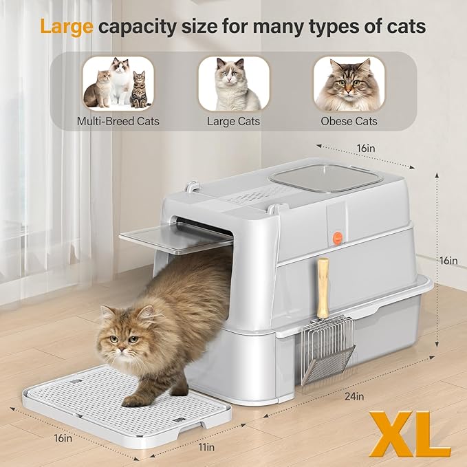 Enclosed Stainless Steel Cat Litter Box with Lid，XL Large Metal Cat Box with Drawer for Big Cats,Top Exit Kitty Litter Box Includes Scoop, Filter Pedal,Odor Control, Easy Cleaning