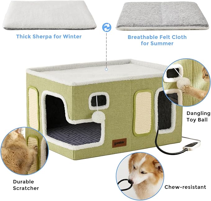 Heated Cat House for Indoor Cats - Large Cat Warming Bed for Winter with Fluffy Ball Hanging and Adjustable Heating Pad, Foldable Cat Hideaway,23x16.5x13 inches, Navy Blue