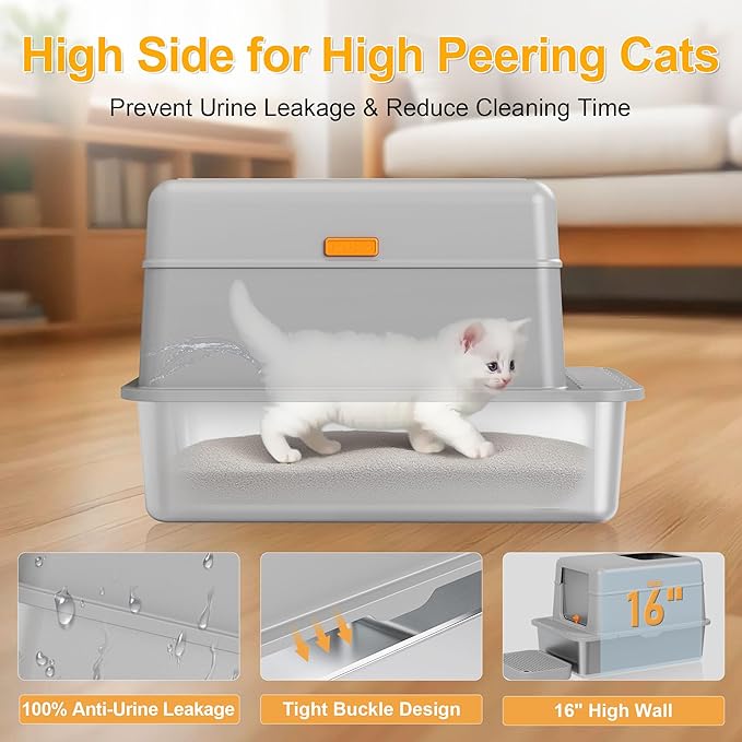 Stainless Steel Litter Box with Lid, 20L Metal Enclosed Litter Box for Big Cat, Flip-Top Design with Anti-Leakage High Sides, Large Cat Lovers Gifts (#1 Gray)