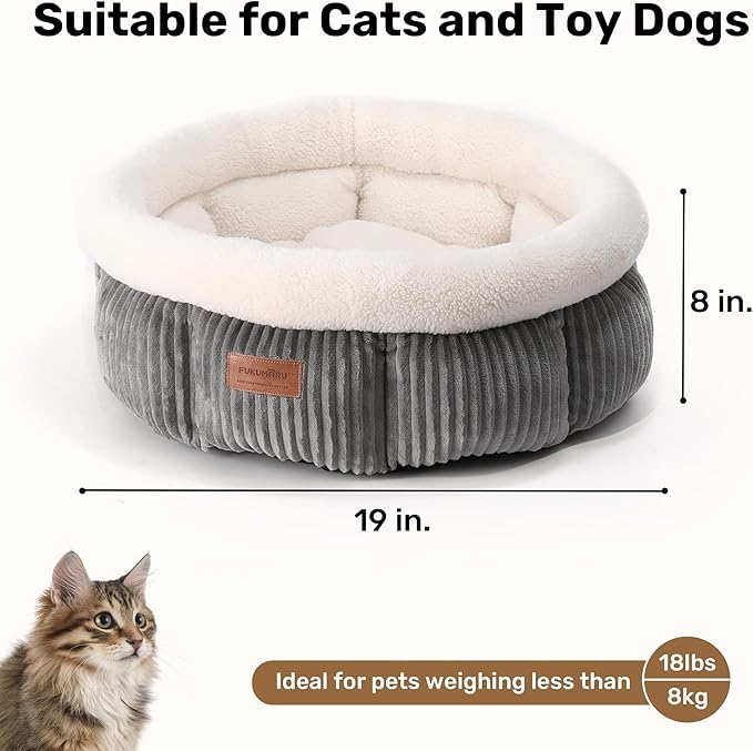 FUKUMARU Cat Bed, Washable Round Cat Beds for Indoor Cats, Soft Fluffy Corduroy Pet Bed for Cats and Puppy, Cute Small Dog Beds, Grey
