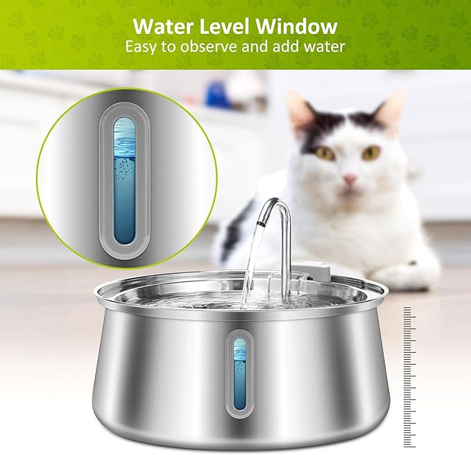 Cat Water Fountain Stainless Steel, 134oz/4L Automatic Pet Water Fountain with Water Level Window, Ultra Quiet Dog Water Dispenser with Filter and Sponge, Faucet Water Fountain for Cat, Dog