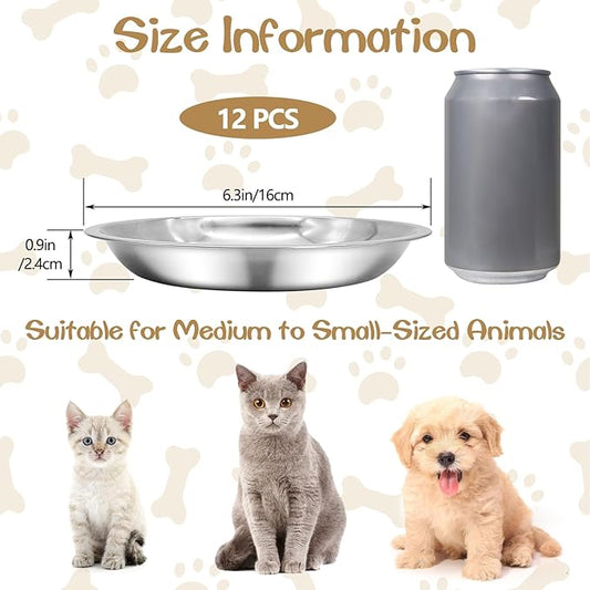 kathson Shallow Stainless Steel Cat Bowls 12 Pcs Whisker Fatigue Cat Dishes Flat Dog Feeding Saucers Pet Food and Water Plate Set for Kitten Puppy and Other Small Animals (6.3 Inch Dia.)