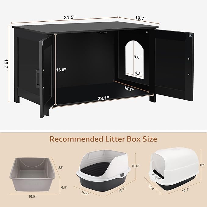 Homhedy Cat Litter Box Enclosure, Wooden Cat Washroom Furniture with Barn Door, Pet House, Fit Most of Litter Box, Black