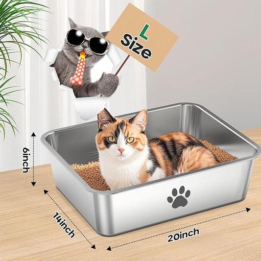 Stainless Steel Cat Litter Box, Metal 6inch High Sided Cat Litter Pan, Indoor Litter Tray, Large Cat Litter Box, Pet Toilet Supplies for Cats, Rabbits, Easy Clean, Non Stick, No Smell (L)