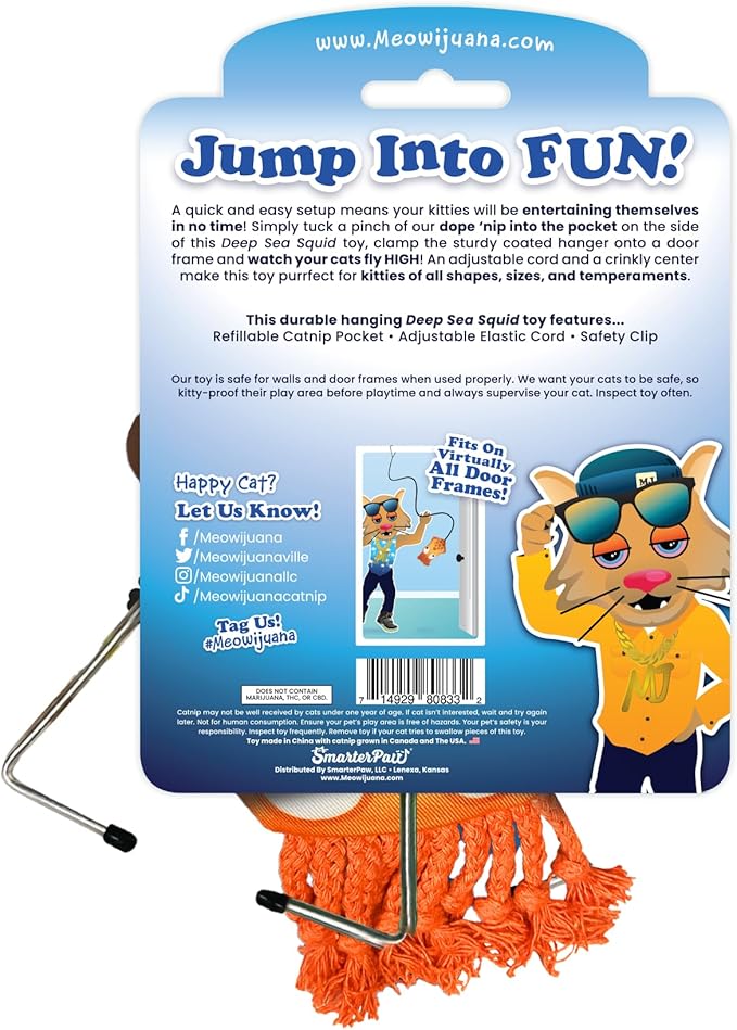 Meowijuana Jump 'n' Jamb Door Hanging Cat Toy | Deep Sea Squid | Refillable Interactive Catnip Toy | Promotes Play and Cat Health | Includes Potent Catnip Grown in North America