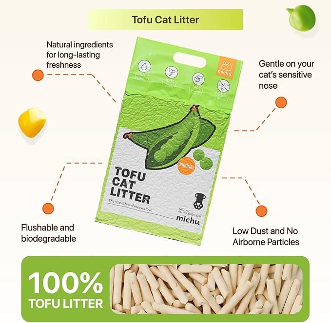 Tofu Cat Litter Natural Clumping Tofu Cat Litter, Fast Clumping and Easily Scoop-able 5.5lb/88oz 5 Scents - Original + Greentea, 2 Pack