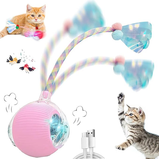 Interactive Cat Toys for Indoor Cats, Automatic Cat Toy with Elastic Mesh Tail, Electric Rolling Ball on Carpet, Chirping and Motion Activate Cat (Pink)