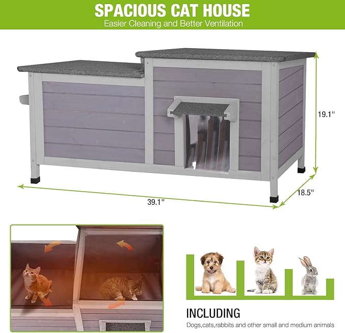 Cat House Outdoor Feral Kitty Shelter with Insulated Liner Weatherproof Roof Cat Home for Winter,Roomly