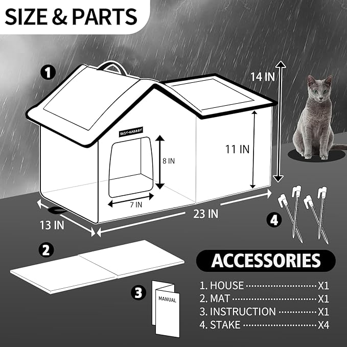 Rest-Eazzzy Cat House for Outdoor Cats, Weatherproof and Insulated Feral Cat House with Mat and Clip, Easy to Put Together, Selfwarming Cat Shelter for Winter(Grey, Waterproof House-L)
