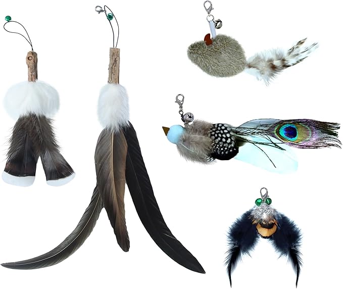 Cat Toy Feather Refills 5PCS with Bell,Clasp - Undyed Natural Cat Wand Refill Attachments Mouse,Feather,Bird for Bored Indoor Cats, Kittens to Chase and Exercise, Include Fishing Line