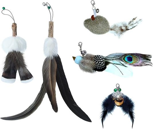 Cat Toy Feather Refills 5PCS with Bell,Clasp - Undyed Natural Cat Wand Refill Attachments Mouse,Feather,Bird for Bored Indoor Cats, Kittens to Chase and Exercise, Include Fishing Line