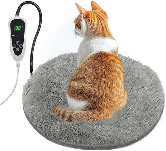 Cat Heating Pad, 16 in Round Pet Heating Pad,Cat Blankets for Indoor Cats Smart Temperature Control Switch Electric Steel Wire Protection Tube Plush Fabric Cover - Grey