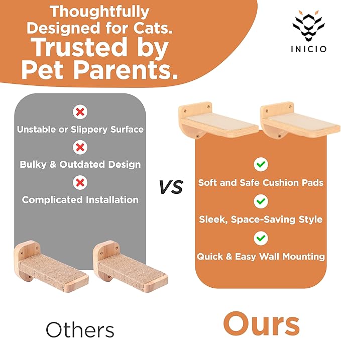 INICIO Cat Wall Stairs, Natural Wood - Set of 3 Wall Steps for Cats to Climb with Fixtures, 9.3"x4.7" - Floating Steps for Climbing or Playing - for Kittens and Adult Cats