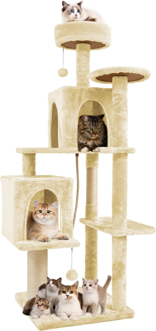 58.5inch Large Cat Tree Tower Condo for Indoor Cats, Soft Plush Multi-Level Climbing Tree Cat House, Scratching Post, More Entrance/Exit, Sisal Rope, Beige Almond