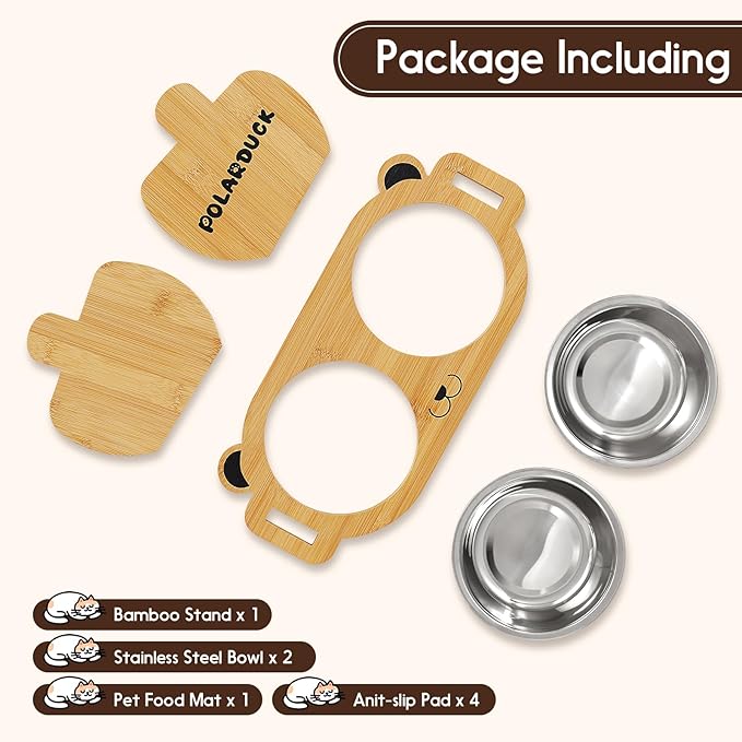 Tilted Elevated Cat Food Bowls Set: Raised Pet Dishes for Cats & Puppy with 15°Tilted Bamboo Stand, Stainless Steel Food & Water Bowl and Pet Feeding Mat | Anti Vomiting (2 Bowls | Red Panda)