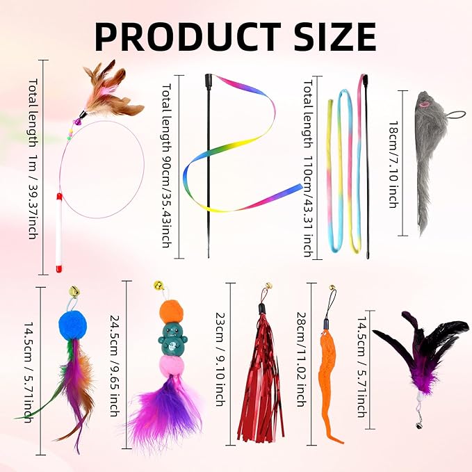 13 PCS Cat Wand Toys, Interactive Kitten Toys for Indoor Cats with Teaser Wand String for Exercise Kitten, Includes Replacements Feather, Worm, Mouse, Rainbow Strip