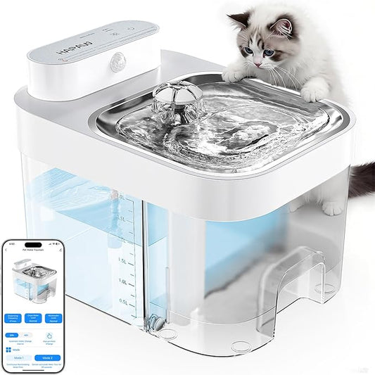 Cat Water Fountain, No Filter Cotton, App Monitoring Wastewater Separation Pet Water Fountain, 5000mAh Battery & Plug-in, 3L/101oz Wireless Automatic Water Dispenser for Cats Indoor, 2.4G Wi-Fi