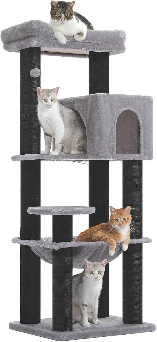 Large Cat Tree with Reinforced Scratching Posts (φ3.7in) for Big Adult Cats 30 lbs, 57.8" Heavy Duty Cat Tower with Larger Hammock and Condo, Cat Furniture for Maine Coon, Plush,Black