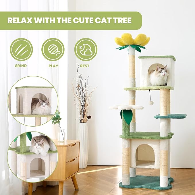 HYABi 64.5-Inch Cute Avocado Flower Large Tall Garden Cat Tree Tower Condo House Furniture Bed Plush Ball Activity Platform Multi-Level with Scratching Posts for Indoor Cats Play