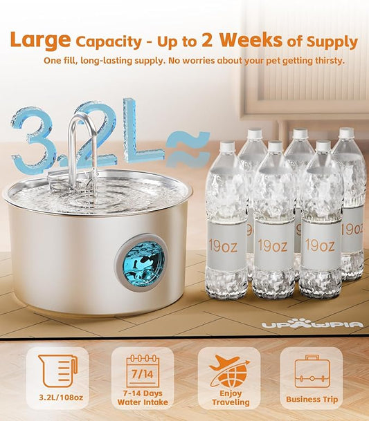 Cat Water Fountain Stainless Steel 108oz/3.2L with 13 Filters Automatic Pet Water Fountain for Cats/Dogs Indoor Ultra Quiet Metal Cat Fountains for Drinking Kitty Watering Supplies for Animals