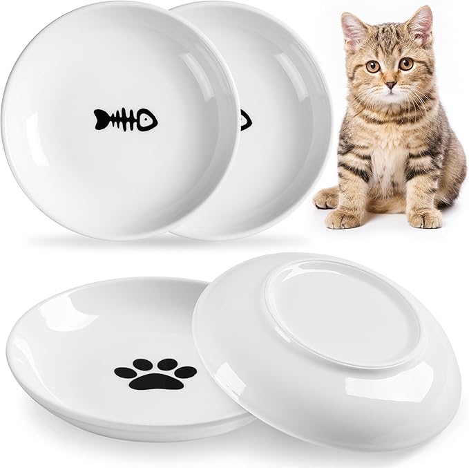Cat Bowls, Ceramic Cat Food Bowl Set with Silicone Ring for Non Slip, Cute Cats Dishes and Plates for Feeding Indoor Cats, Kitten, Small Dogs (White-4 Pack, 6 Inches)