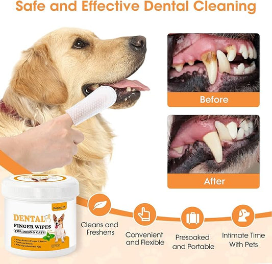 Dental Care Finger Wipes for Dogs & Cats, Reduces Plaque & Tartar, Freshens Breath, Pre-Soaked Pet Teeth Wipes, Easy to Use Disposable Oral Cleaning Pads,Mint Flavor,100pcs