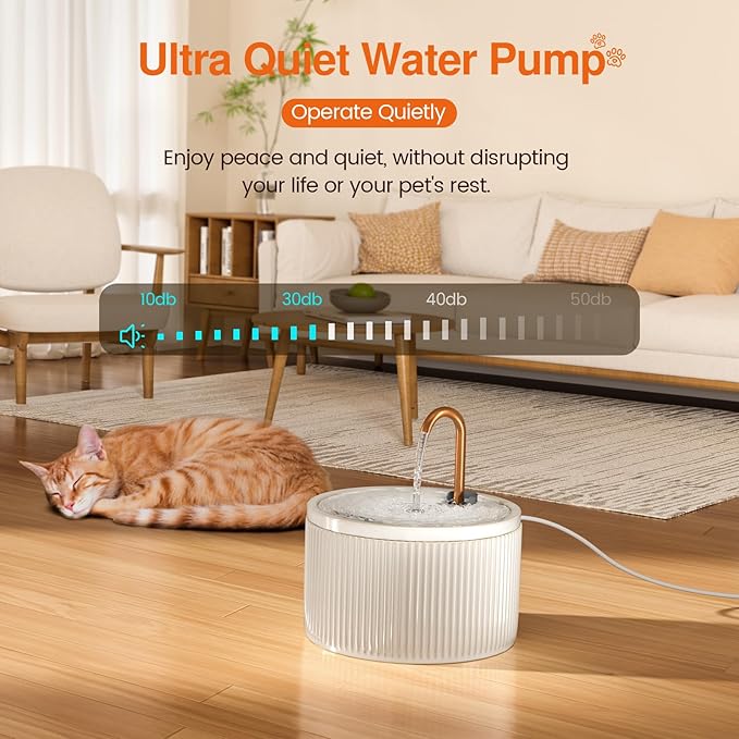 Ceramic Cat Water Fountain - 2.1L/71oz - All-Ceramic Body & Pure Copper Water Spout - Automatic Pet Drinking Fountain for Cats Indoor with Ultra-Quiet Pump, and 3Pcs Filter & Sponge (Beige)