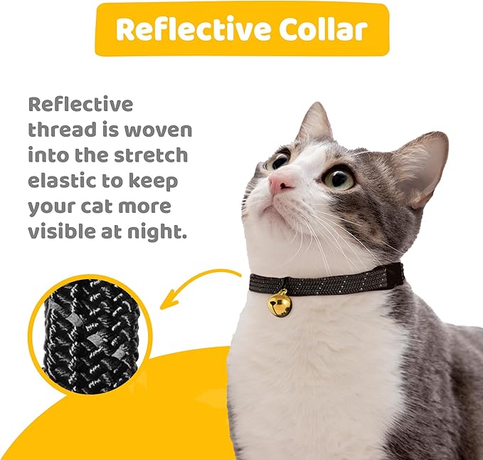 BirdsBeSafe® Break Away Cat Collar with Bell, Reflective Thread for Night Visibility, Comfortable Elastic Stretch Cat Collar to Protect Cat from Getting Stuck in The Garden.