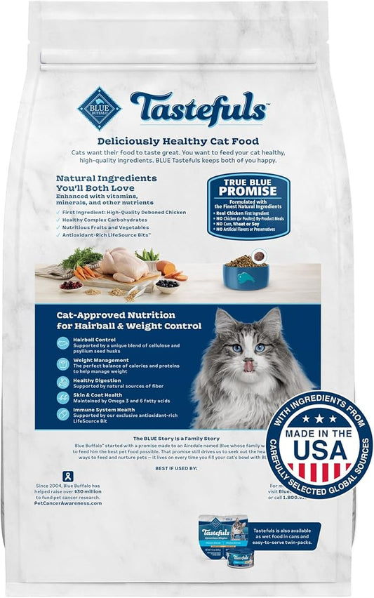 Blue Buffalo Tastefuls Adult Dry Cat Food for Weight Management & Hairball Control, Made in the USA with Natural Ingredients, Chicken Recipe, 7-lb Bag