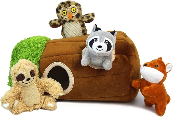 Hide and Seek Dog Puzzle Puppy Toys, Interactive Squeaky Plush, Stuffed Toys for Dogs, Small Size(Sheep, Panda, Forest Animals) (Tree Hole Mix Medium)