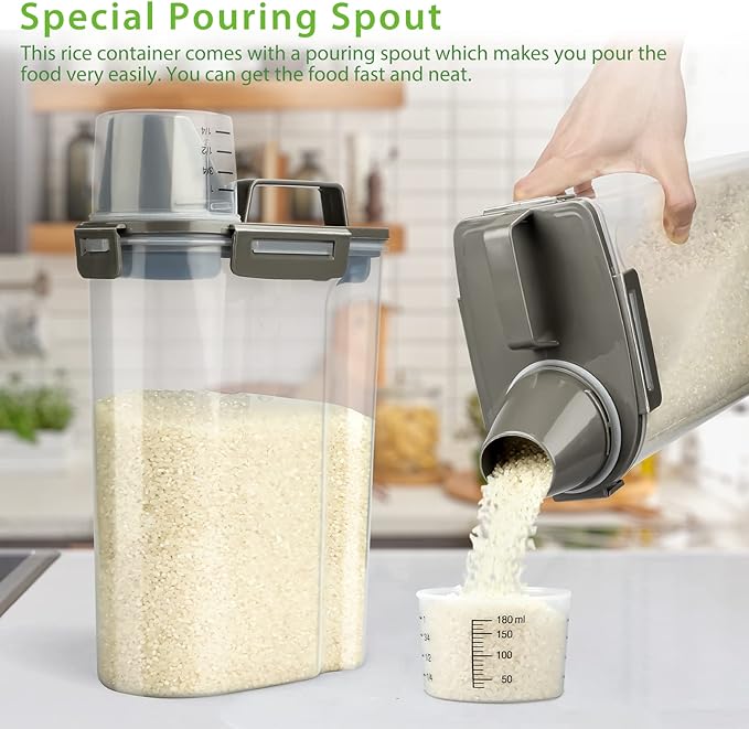 Rice Airtight Storage Container, 3 to 5Lbs Cereal Dry Food Flour Bin, Pet Dog Cat Food Dispenser with Measuring Cup, BPA Free Clear Plastic Kitchen and Pantry Organization Bin for Sugar