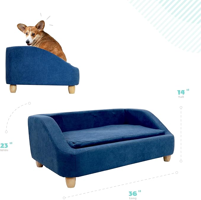CRITTER SITTERS 36-in. Microfiber Blue Rectangular Dog Couch for Medium-Sized Dogs, Modern and Stylish Elevated Dog Bed for Home or Apartment, Blue