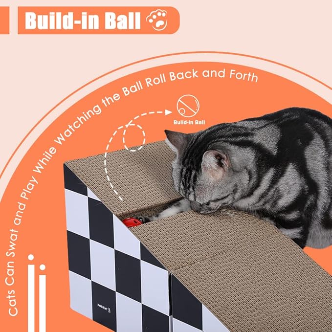 FluffyDream Cat Scratching Board with Ball, Triangle Cat Scratching Cardboard, Multiple Scratching Angles, 2-in-1 Scratching Lounge Bed, Recyclable and Durable, Furniture Protector, Black and White